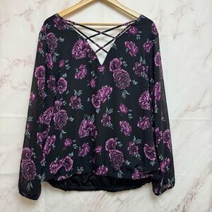 Torrid Floral Sheer Sleeve V-Neck Blouse - A29
